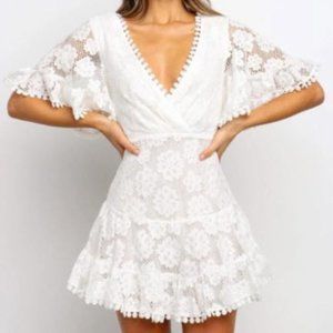 White Lace V-Neck Mini Dress
